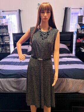 Jessica Howard Black Tan Dash Print A-Line Midi Dress & Belt Set Plus Size 18W